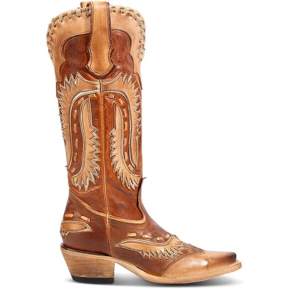 Shoes - Women's Brown Floral Embroidered Cowgirl Boots Chunky Low Heels Pull On